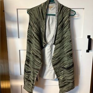 Democracy Olive Green and Black Striped Open Front Cardigan Vest